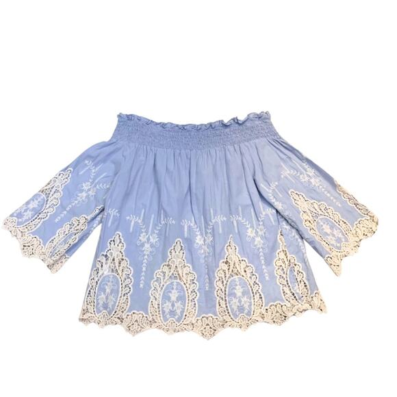 Off The Shoulder Light Blue Cream Floral Lace Top Medium Boho Flowy Peasant - Picture 5 of 9